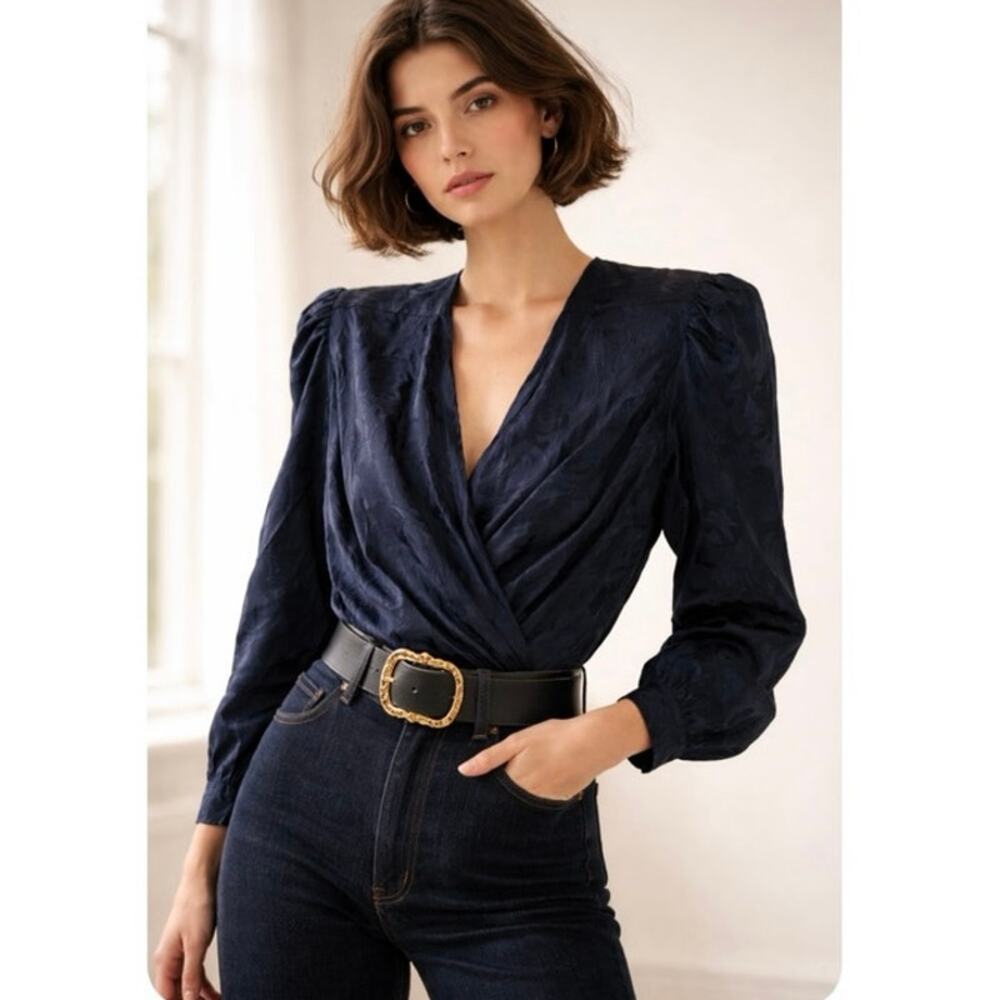 Vintage Navy Blue Wrap Blouse with Subtle Jacquard